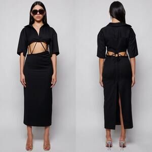 Christopher Esber Dress Black Sz AU 6/ XS Angled Tie Cutout Midi Wool Shirtdress